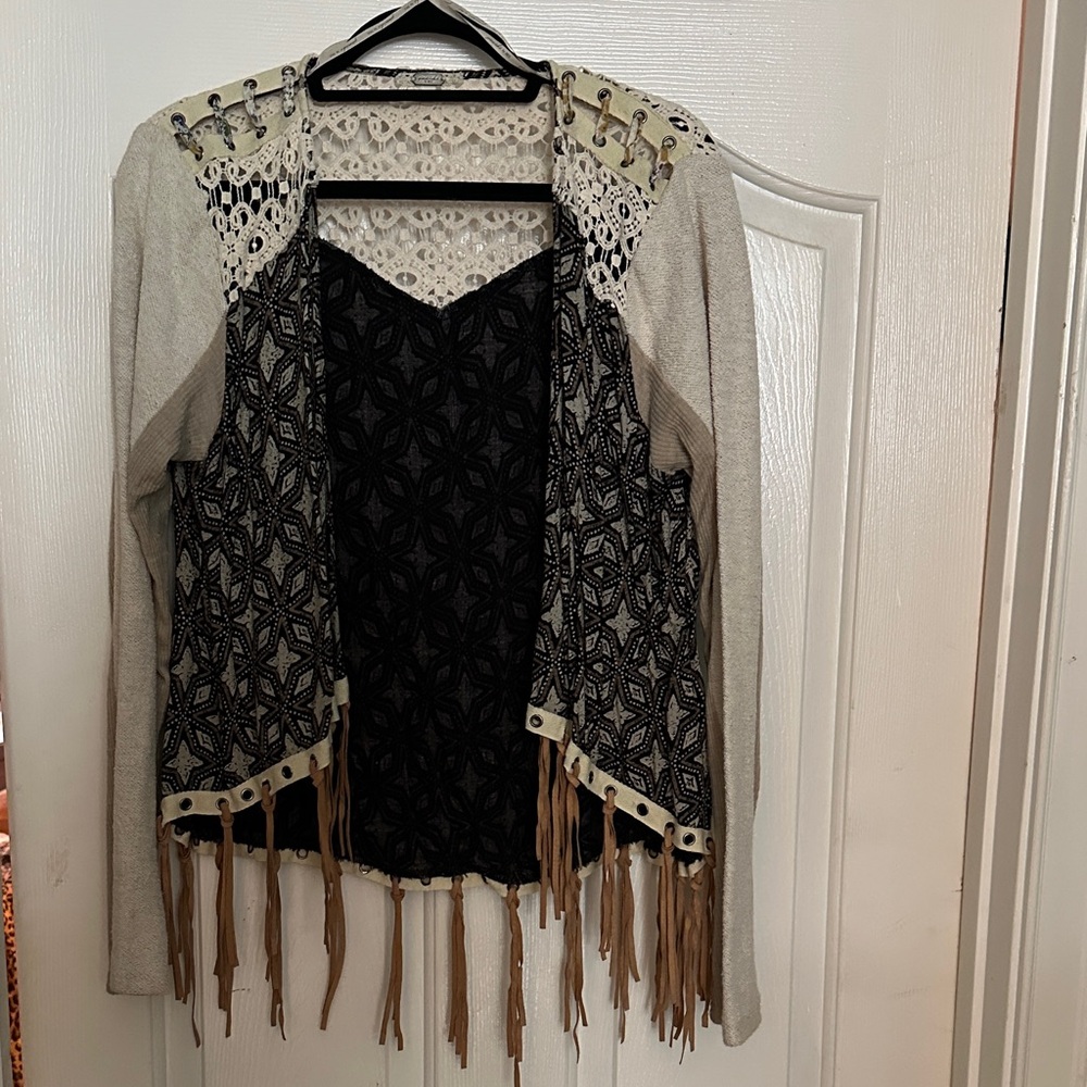 Gimmicks by BKE Beige and Black Lace Cardigan with Fringe